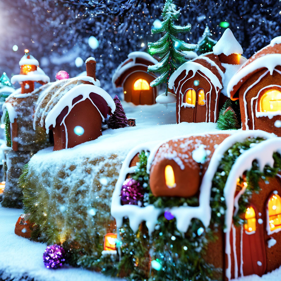 Charming Gingerbread Houses in Snowy Winter Scene