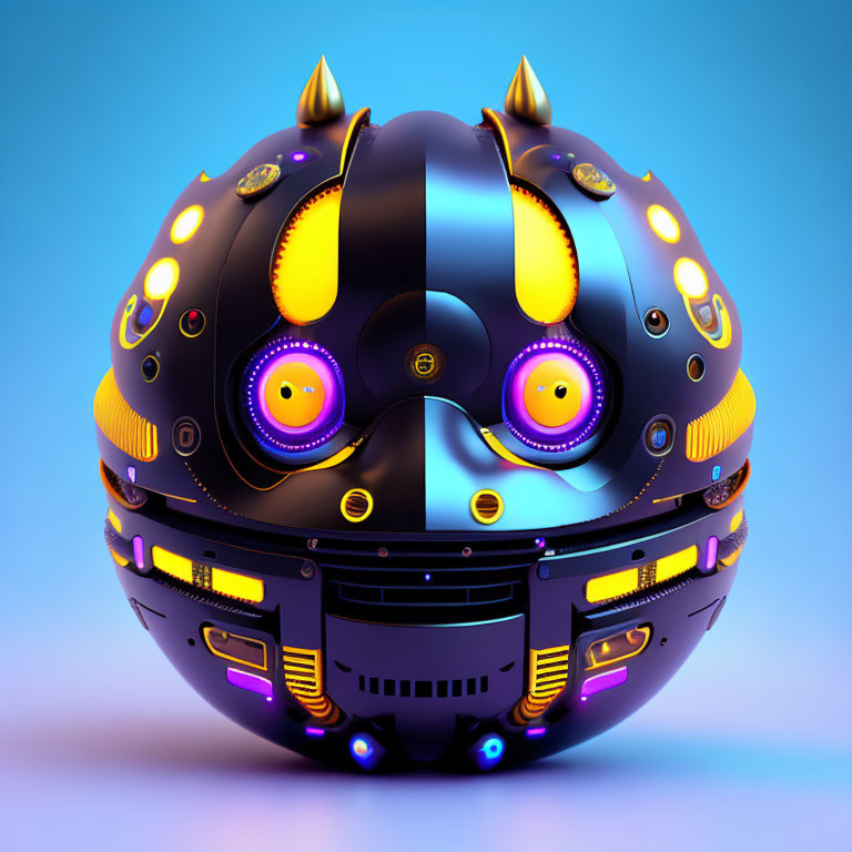 Futuristic spherical robot with horns and purple eyes on blue gradient.