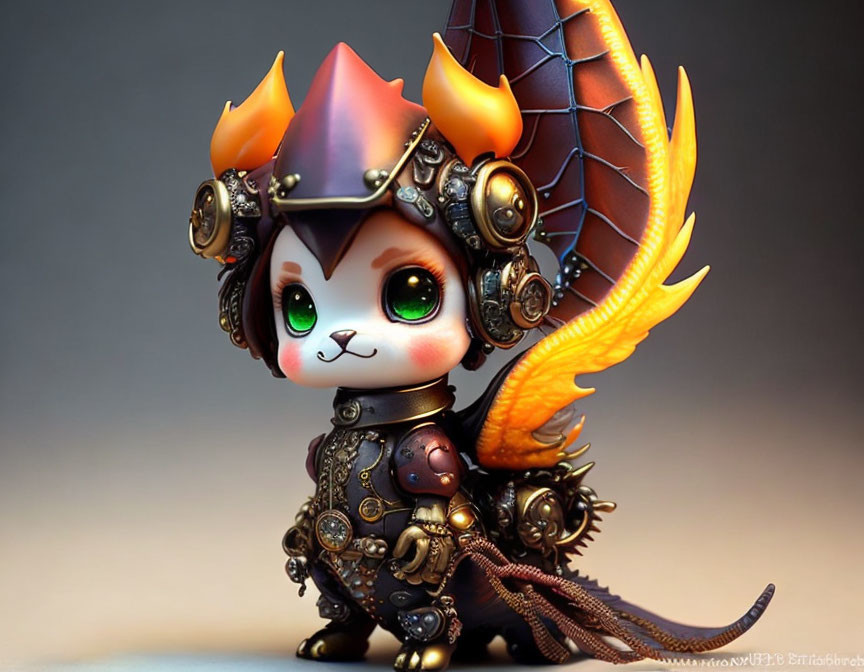 Fantastical creature figurine: feline features, flame-like ears, green eyes, ornate