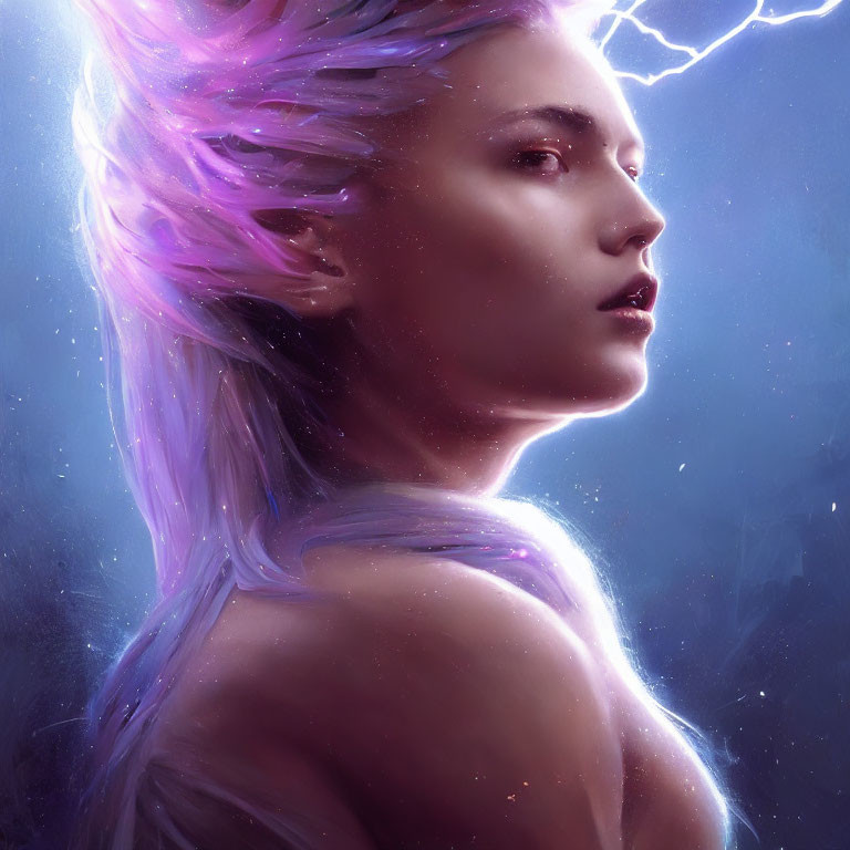 Digital artwork featuring woman with purple-tinted hair in stormy backdrop