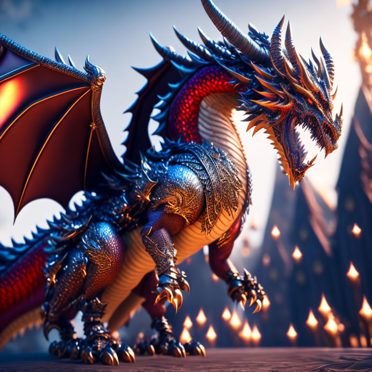 Detailed CGI dragon in fiery landscape with large wings