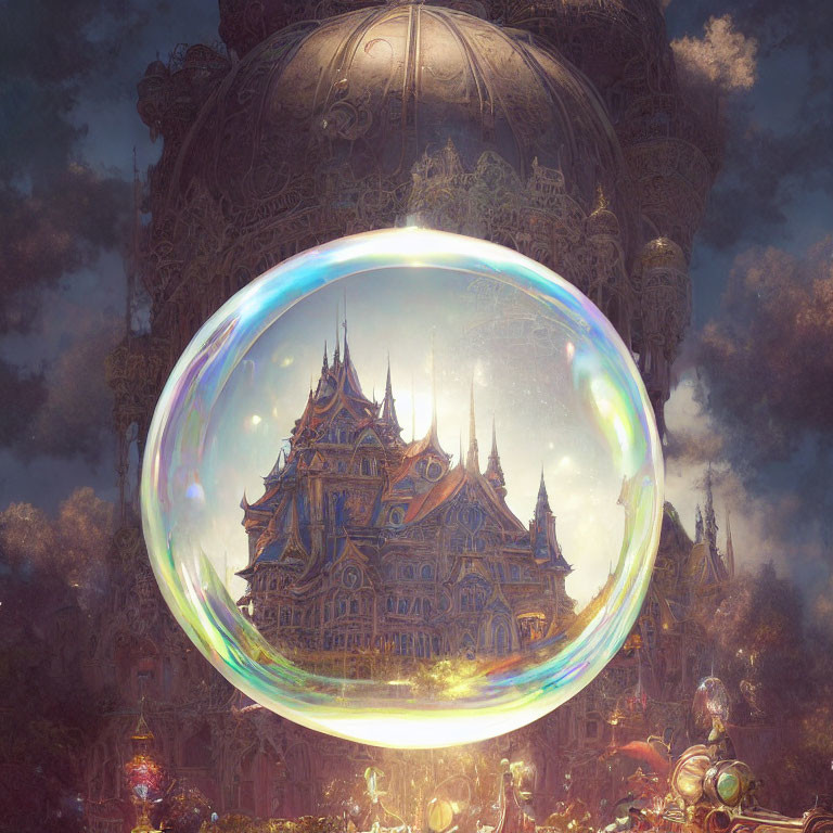 Fantastical city with ornate spires in giant shimmering bubble.