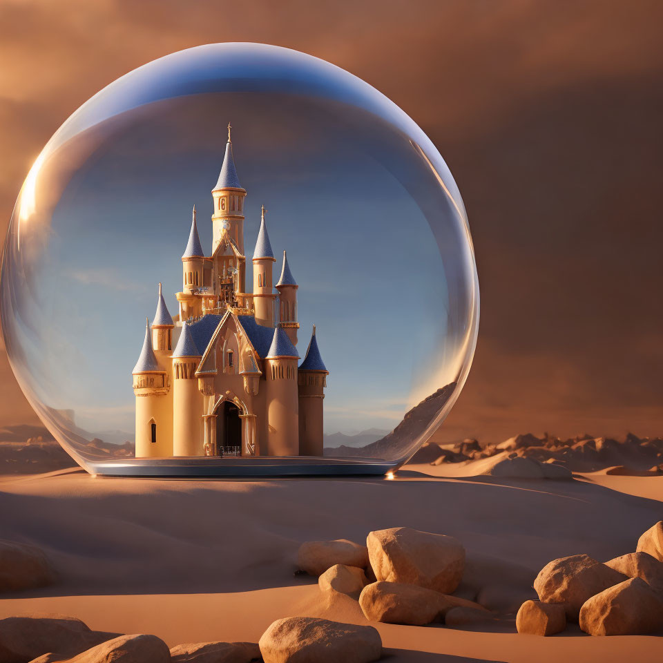 Transparent Sphere Encompassing Fantasy Castle in Desert Sunset