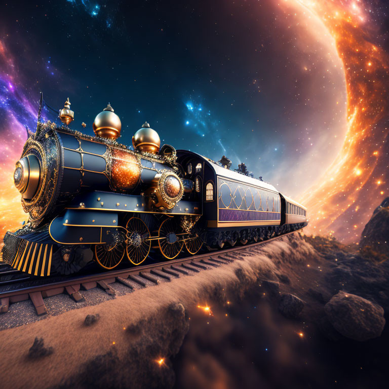 Fantastical steam train on rocky landscape under galaxy-studded sky