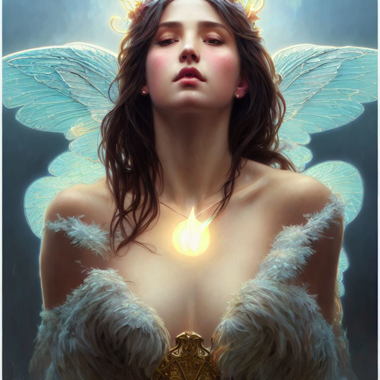 Ethereal figure with glowing heart pendant and wings in soft light