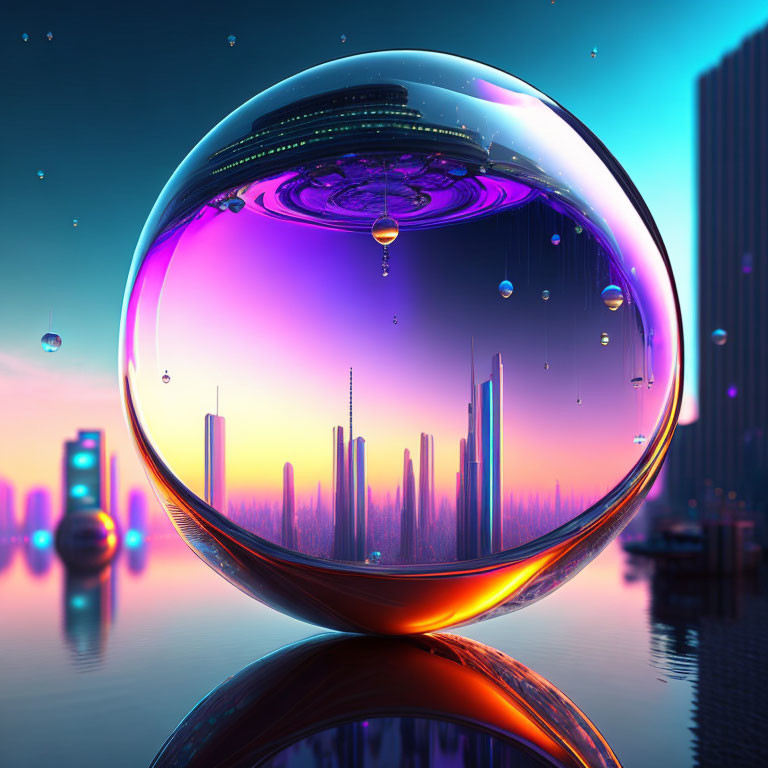 Vibrant digital art: crystal ball reflects futuristic cityscape