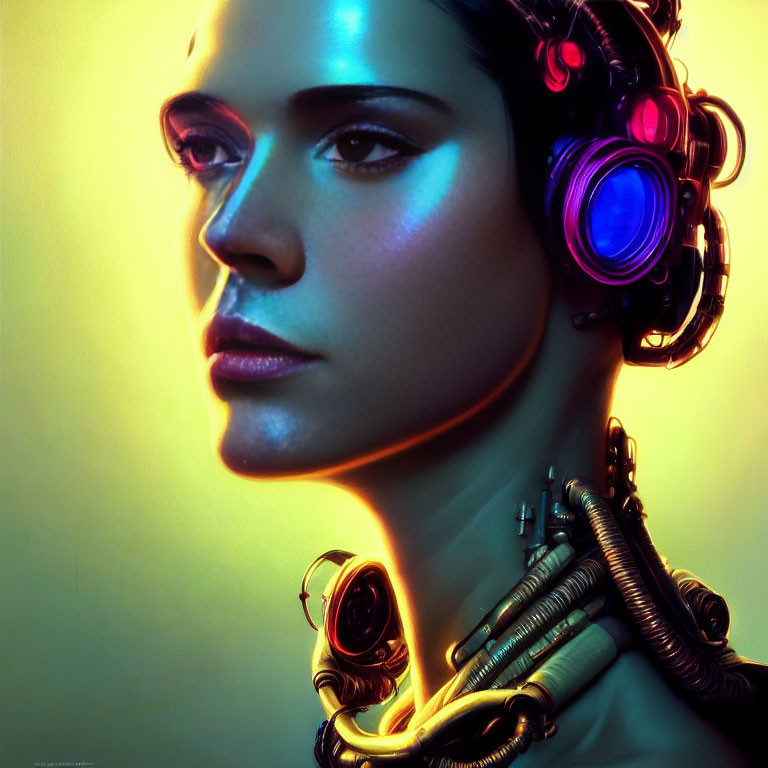 Female Cyborg with Mechanical Neck and Ear Components in Multicolored Light