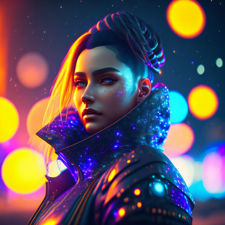 Futuristic woman with glowing star makeup and high-tech outfit