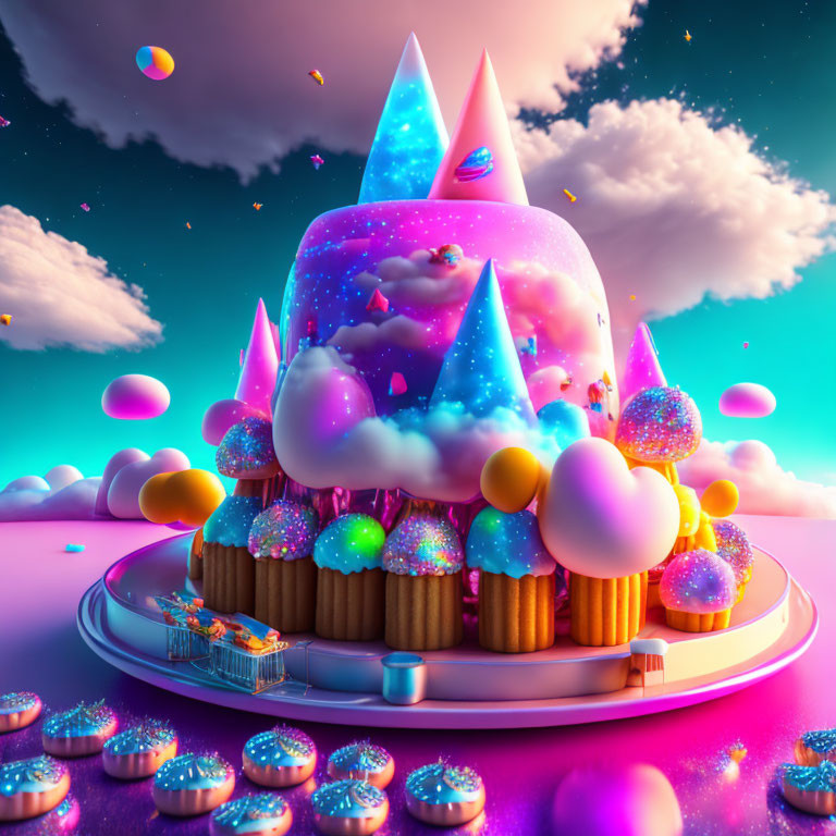 Colorful Fantasy Cake with Ice Cream Cones and Glowing Orbs