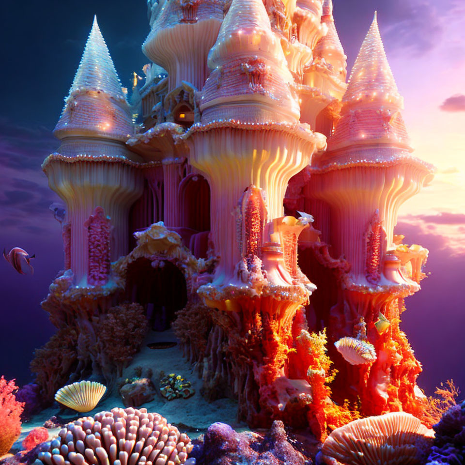 Underwater Castle with Coral Towers Surrounded by Marine Life