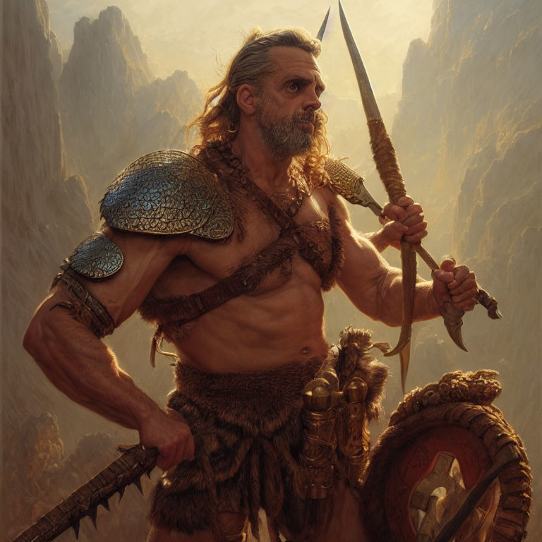 Muscular warrior with beard in fur and metal armor, holding spear and shield in rugged mountains.