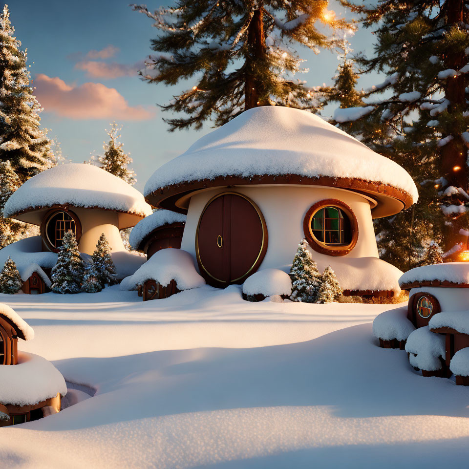 Snow-covered cottage with mushroom-like roof in serene winter landscape