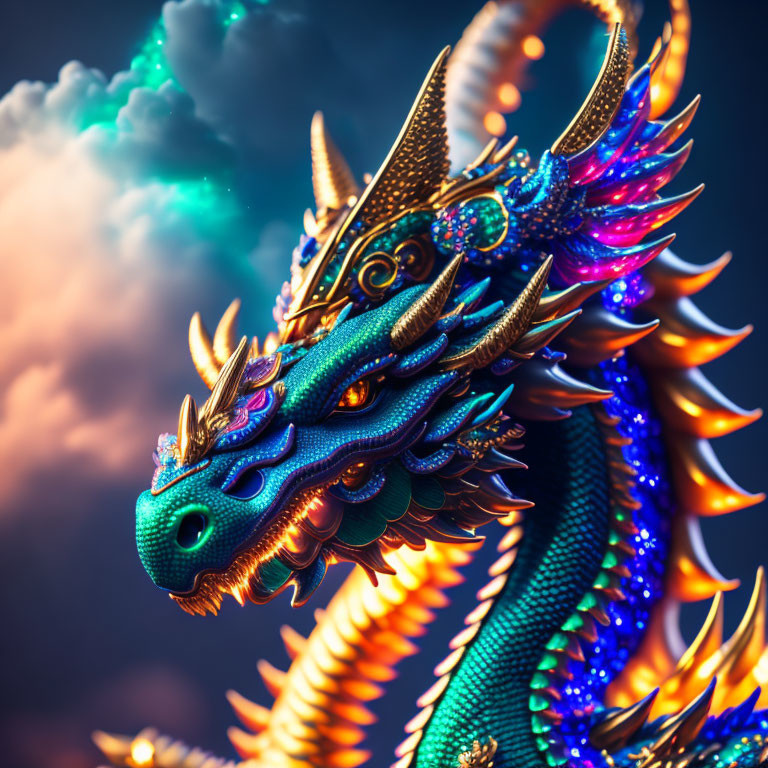 Colorful Dragon with Golden Horns and Fiery Mane on Cloudy Sky Background