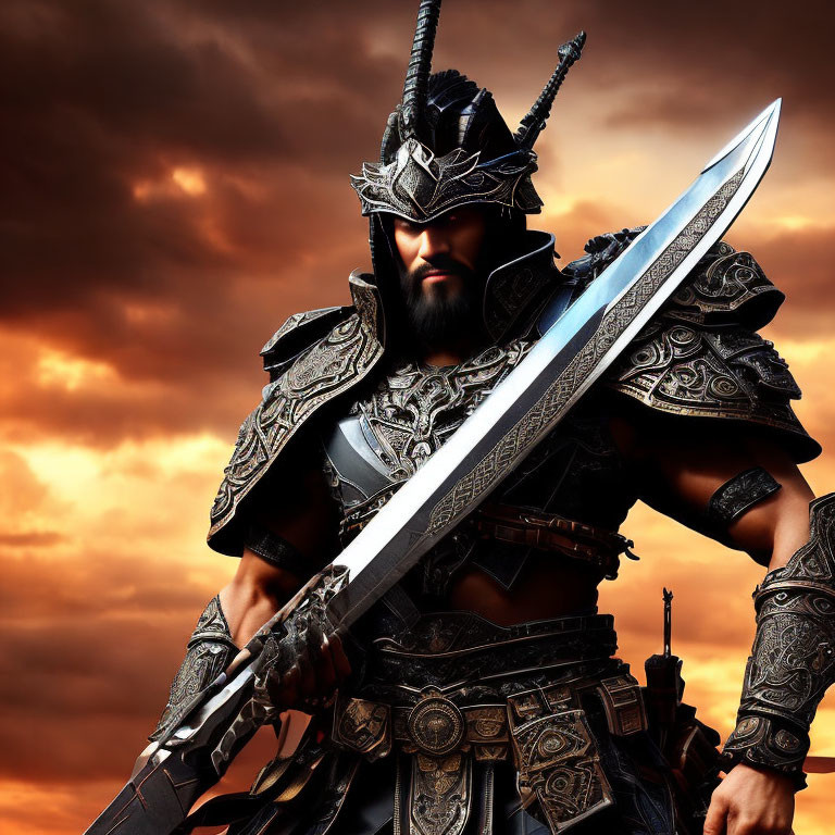 Armored warrior with sword under dramatic sunset sky