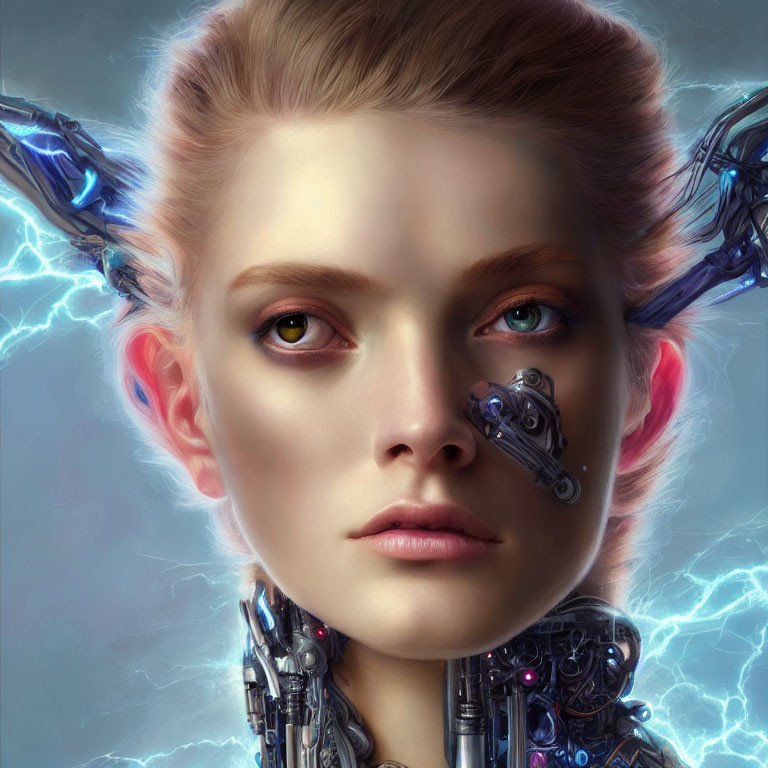 Futuristic digital artwork of a woman with cybernetic enhancements