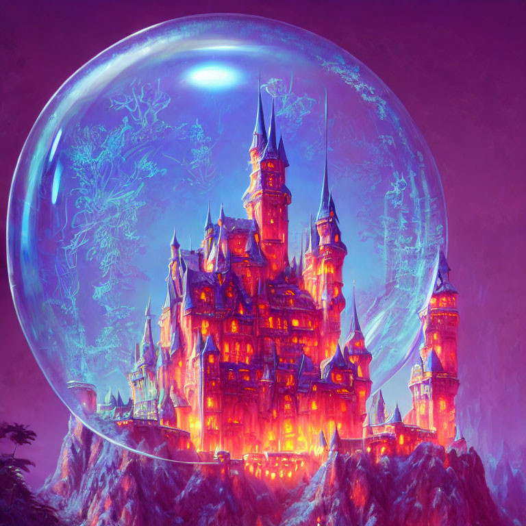 Fantastical castle on craggy peak in transparent bubble against violet sky