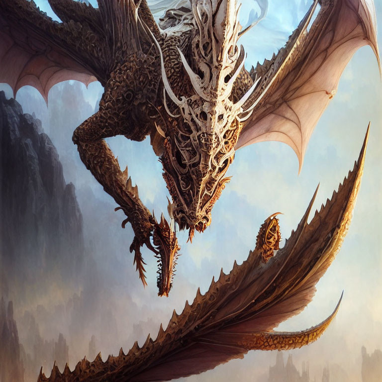 Detailed Dragon with Armor-like Scales Soaring Above Clouds