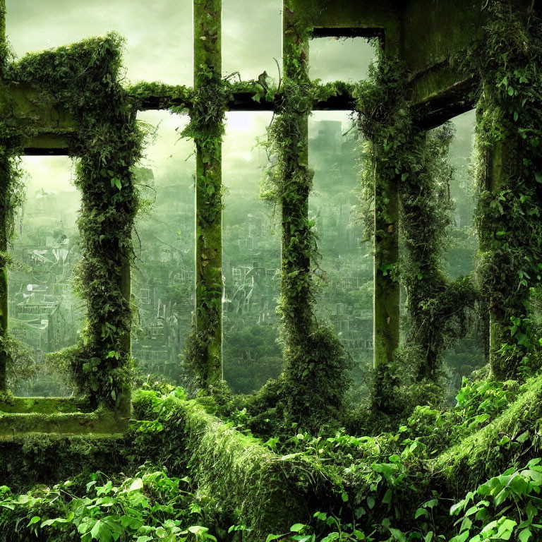 Overgrown ruins with distant cityscape in post-apocalyptic setting