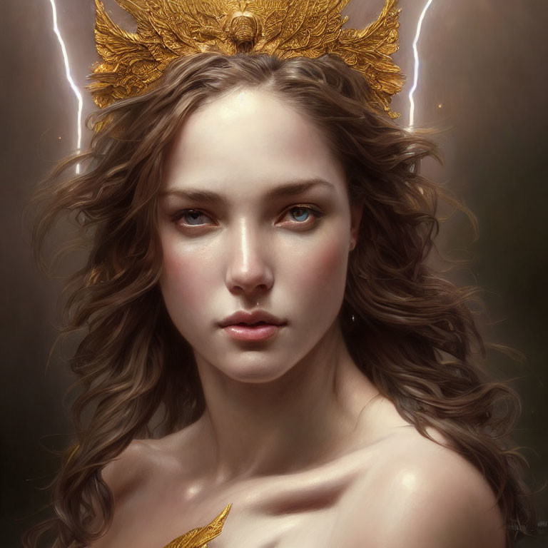 Ethereal portrait of woman with golden headpiece and flowing brown hair