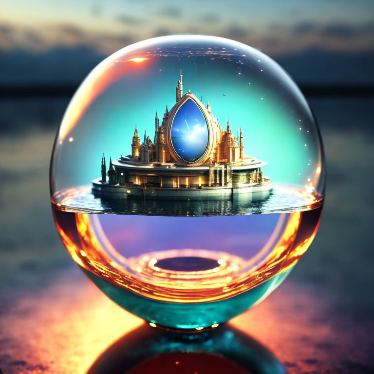 Crystal ball shows majestic castle with blue gem at sunset