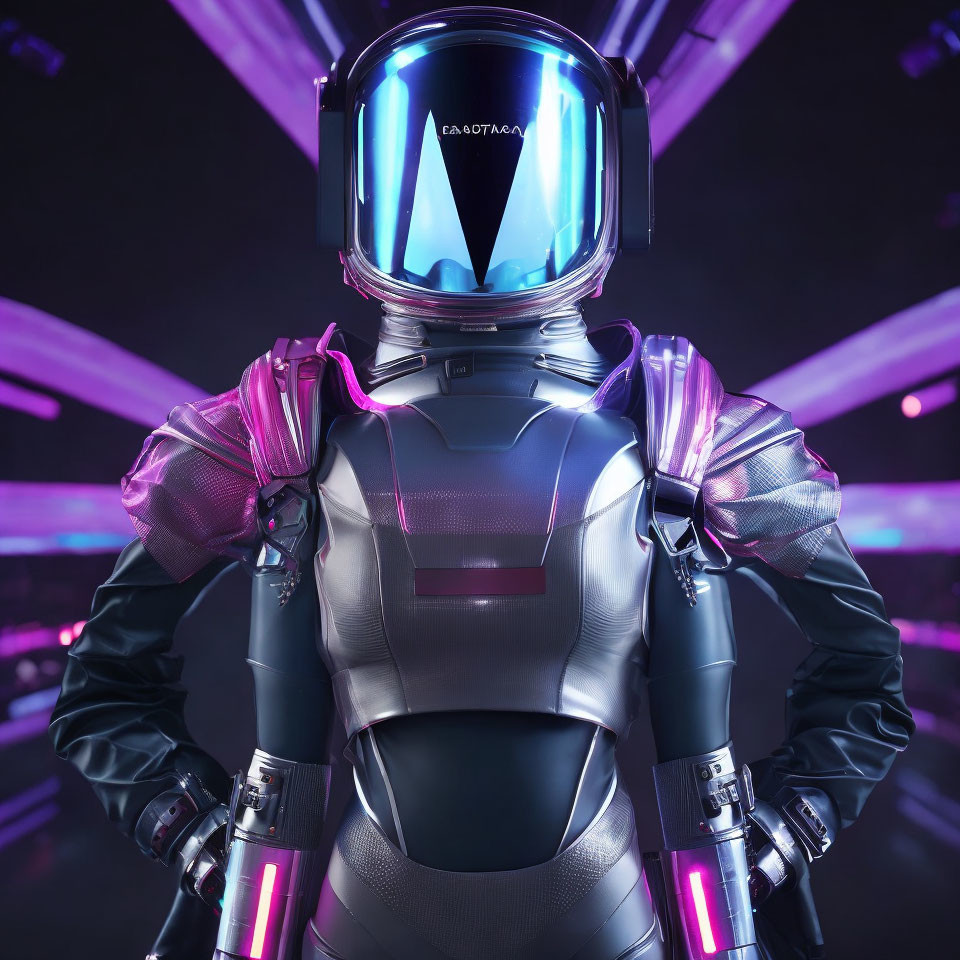 Futuristic astronaut in reflective suit with glowing purple accents