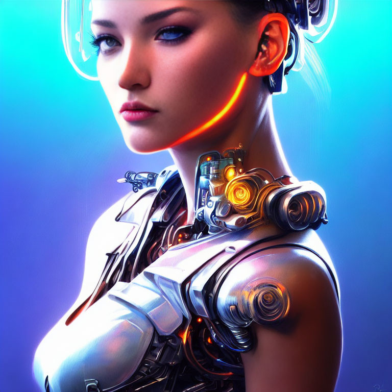 Female cyborg with glowing orange accents on blue background