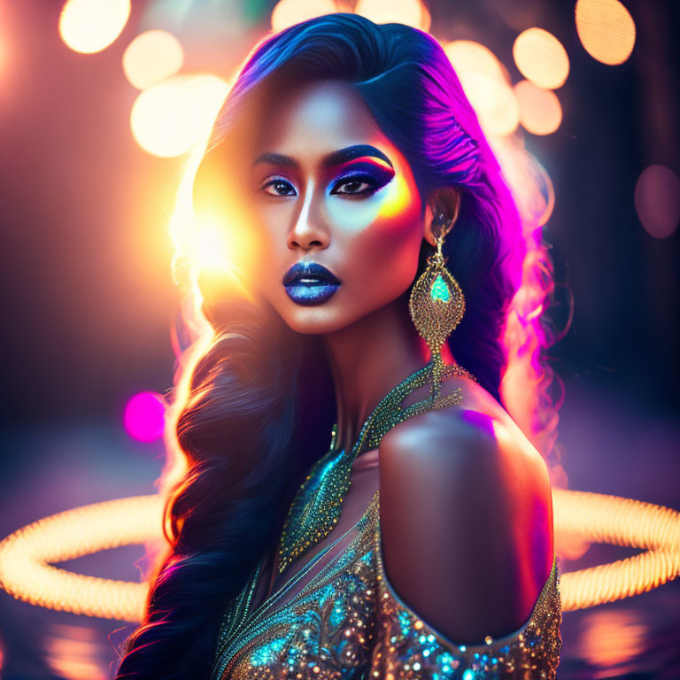 Bold Makeup and Gold Earrings Amid Colorful Lights