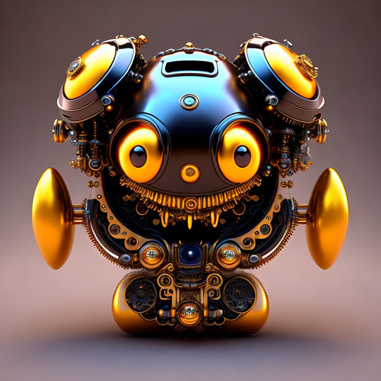 Whimsical mechanical creature with large eyes and gears