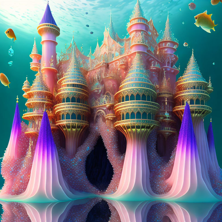 Colorful Underwater Castle Surrounded by Fish