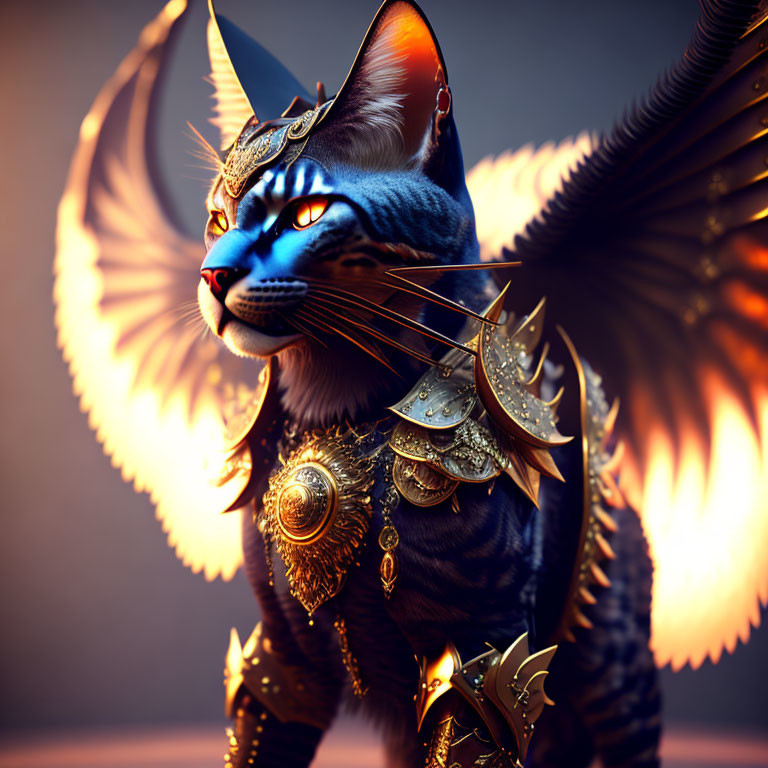 Majestic winged cat in golden armor with noble presence