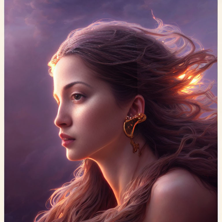 Digital artwork: Woman with flowing hair in purple backlit sky