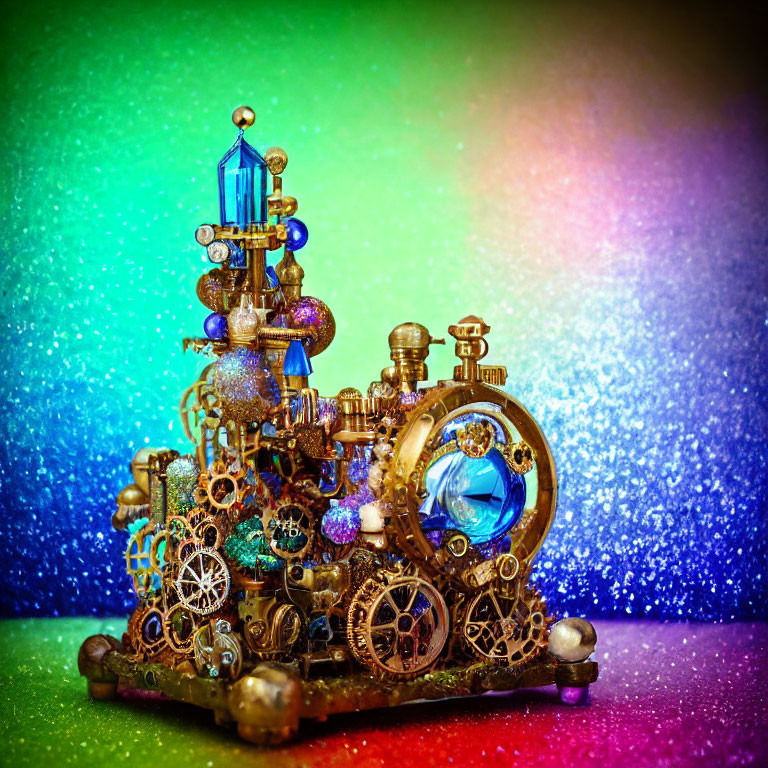 Intricate Steampunk Device with Gears and Blue Crystal