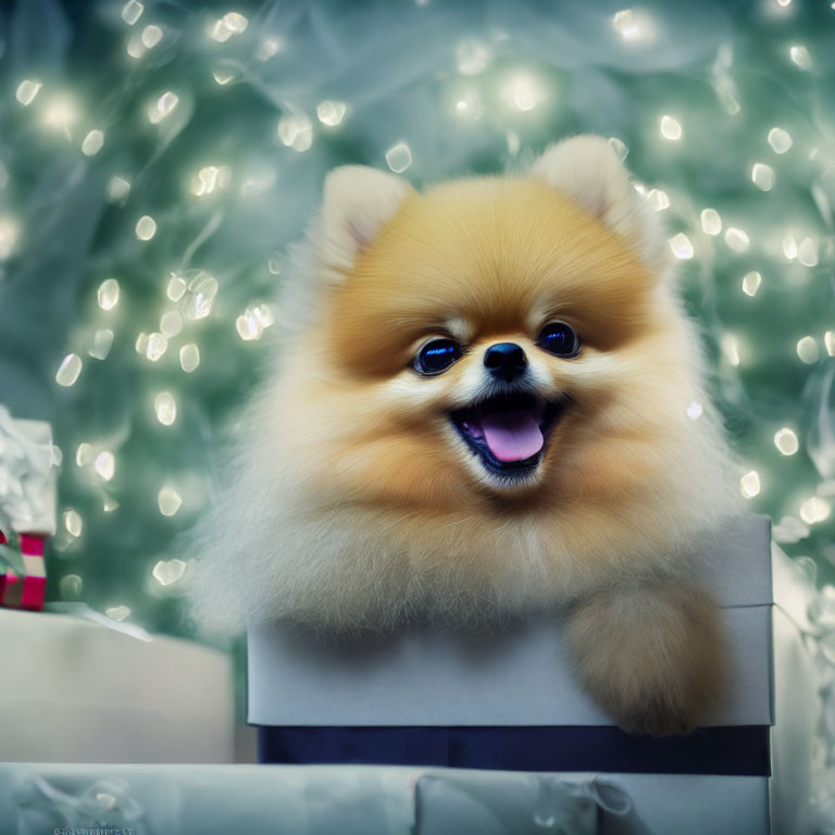 Fluffy Pomeranian Dog in Box with Gift on Sparkling Background