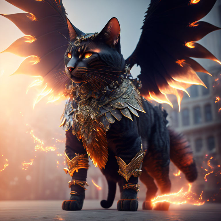 Winged cat in ornate armor with flaming eyes in urban landscape