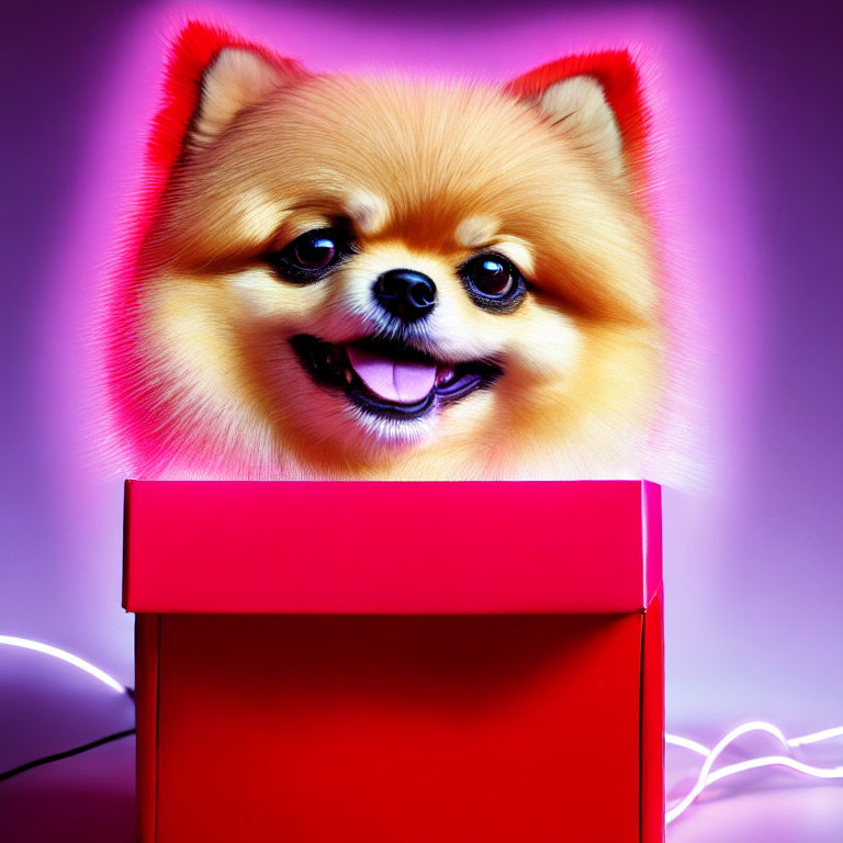 Smiling Pomeranian Dog on Neon Purple Background