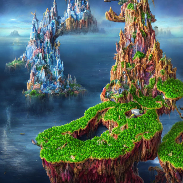 Fantastical landscape with floating islands and crystal castles