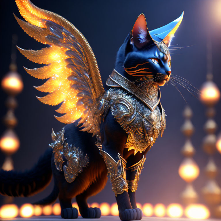 Armored cat with golden wings among glowing lanterns