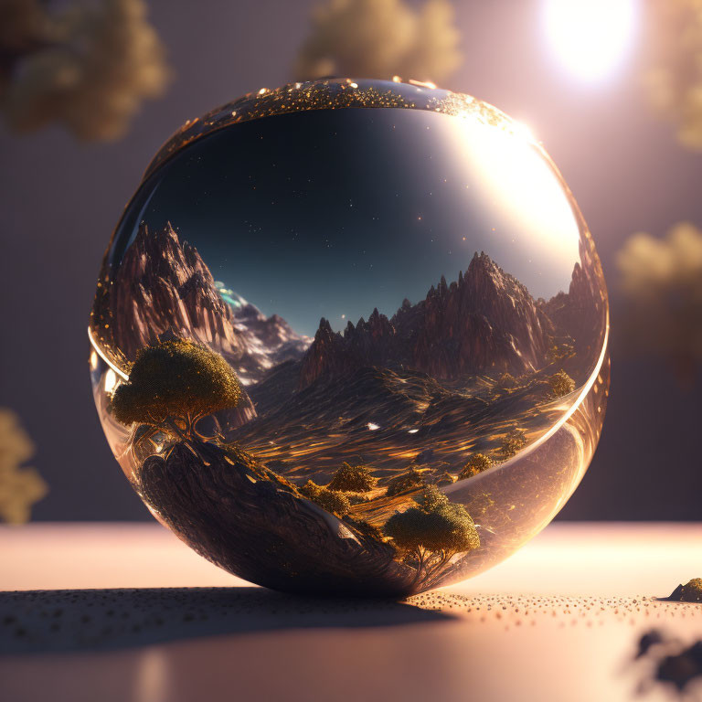 Transparent sphere encapsulating mountainous landscape under starry sky