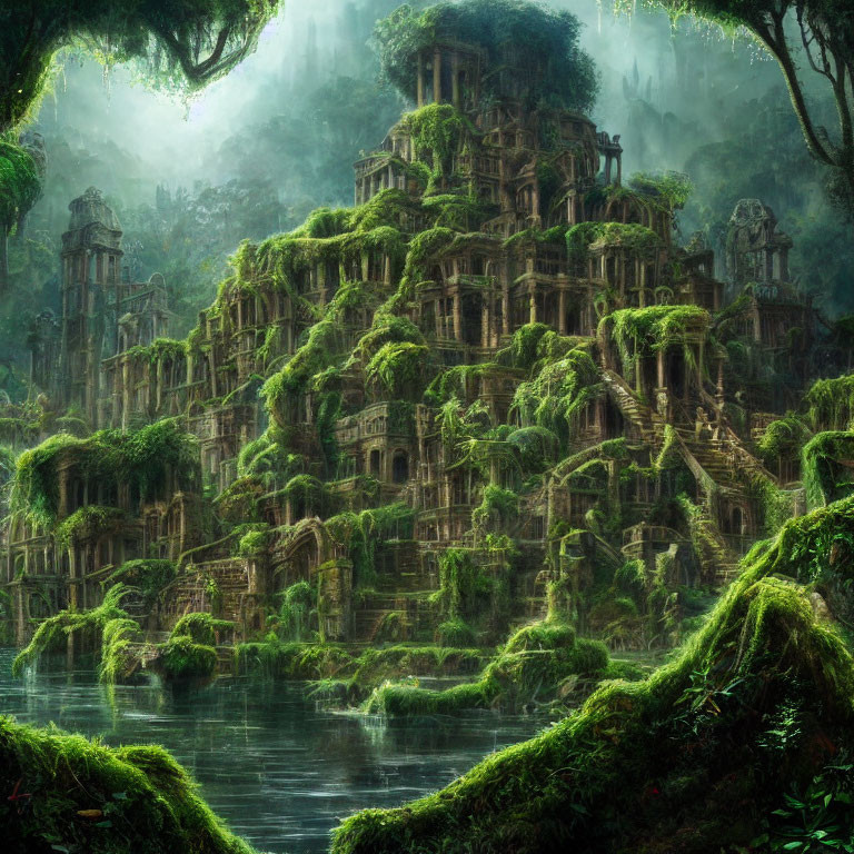 Misty jungle temple complex in serene setting