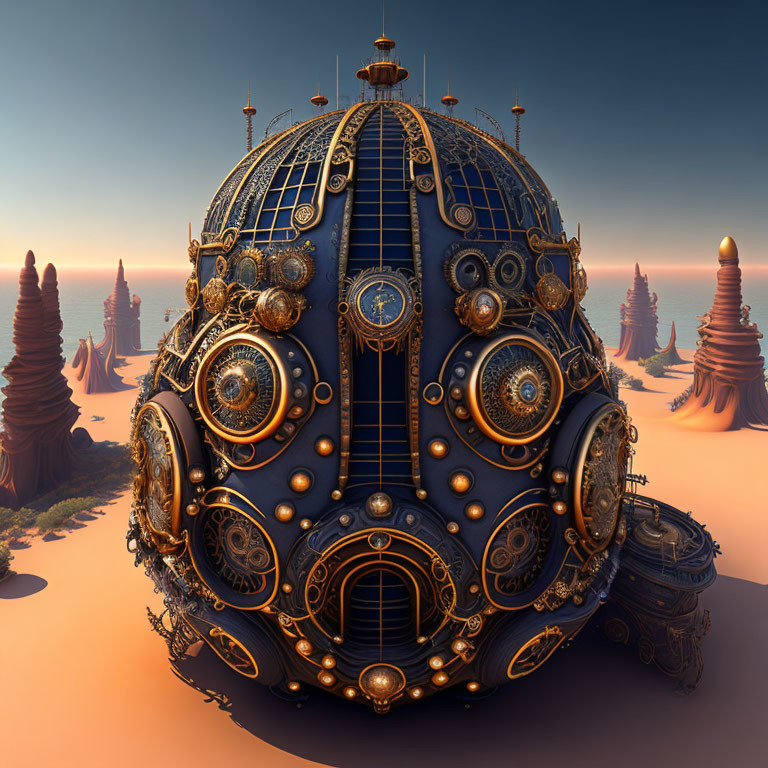 Intricate Golden Designs on Spherical Building in Desert Landscape