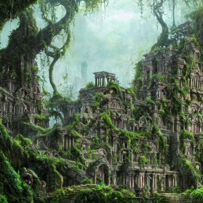 Overgrown ancient ruins in misty forest with intertwined vegetation