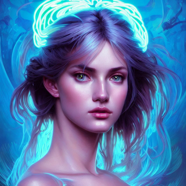 Surreal portrait of woman with flowing hair and luminescent halo in blue and pink