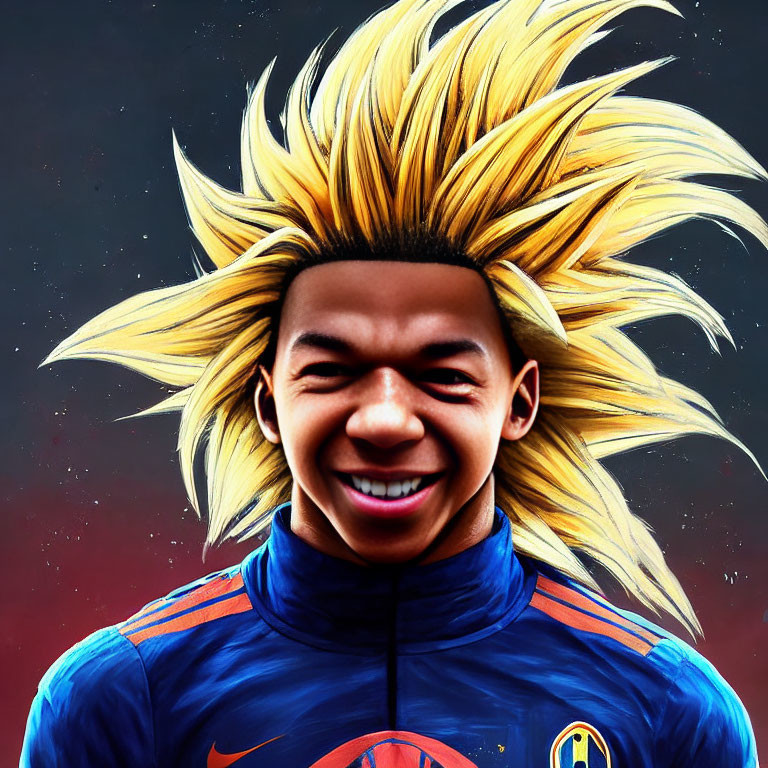 Digital artwork: Person's face merges with Super Saiyan's spiky blonde hair on red and