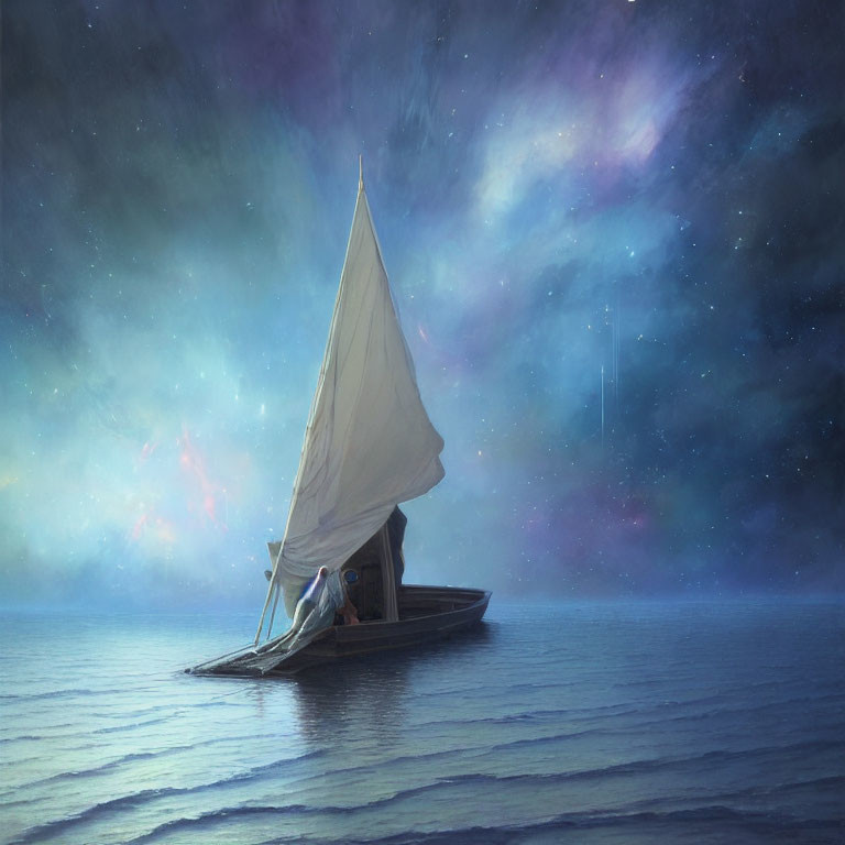 Sailboat under cosmic sky with nebulae and stars on dark sea