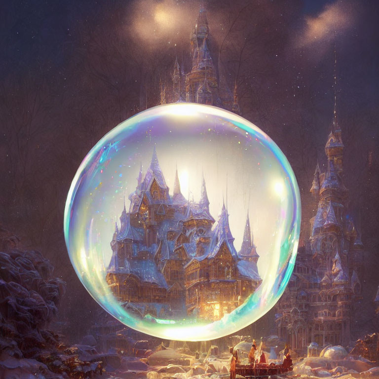 Golden-Lit Castle in Bubble Snowscape at Night