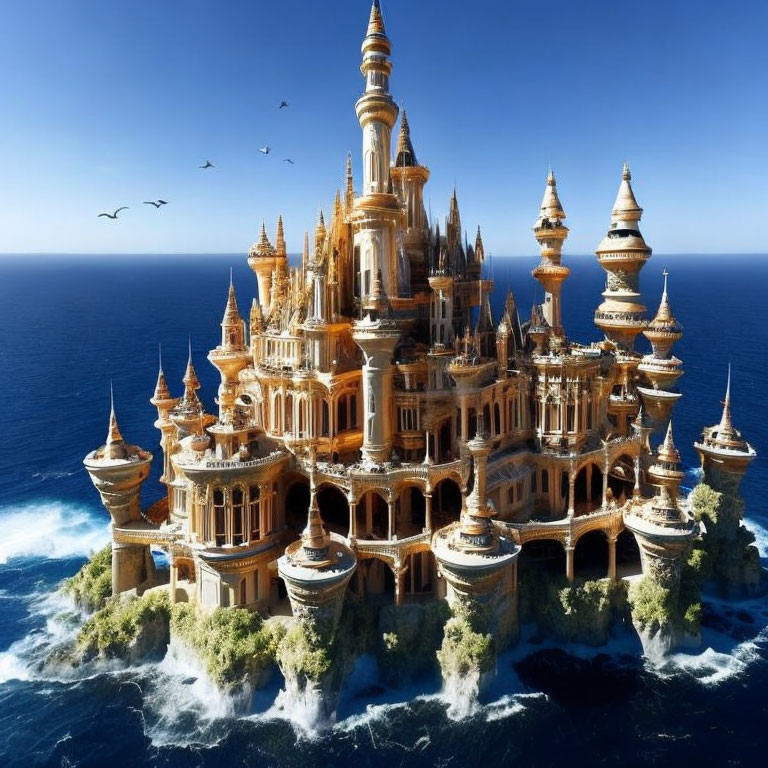 Golden fantasy castle by the sea with spires and birds