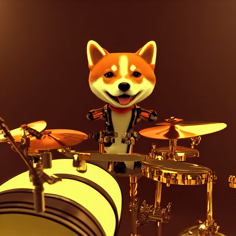 Cartoon Dog Playing Golden Drum Set on Brown Background