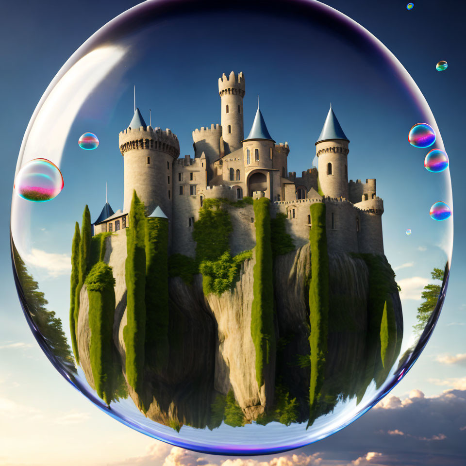 Fantastical castle on floating island in shiny bubble under clear sky