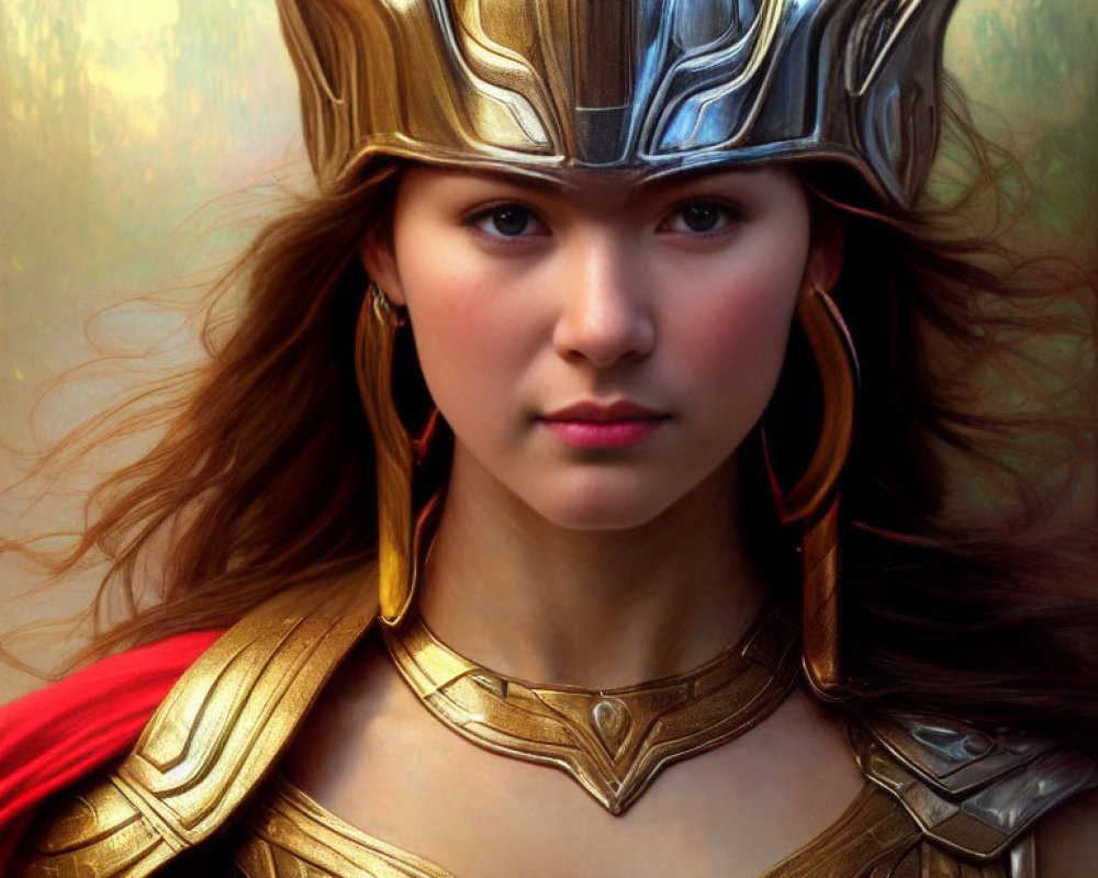 Portrait of Woman in Golden Armor with Red Cape and Helmet