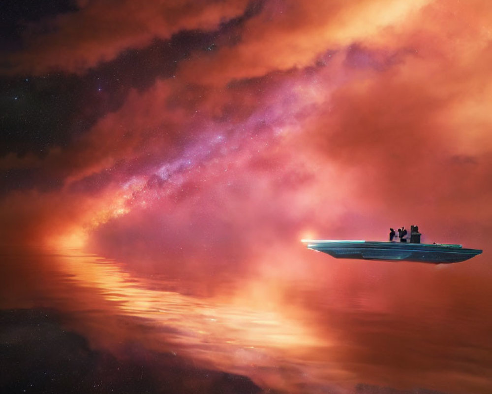 Group of people on boat under vibrant cosmic sky and serene water